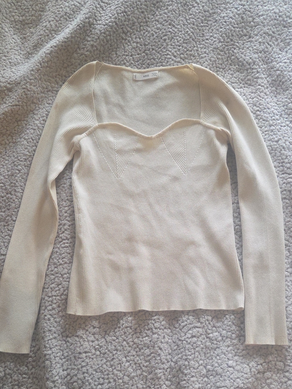 Mango Cream Ribbed Sweetheart Neckline Knit Top
